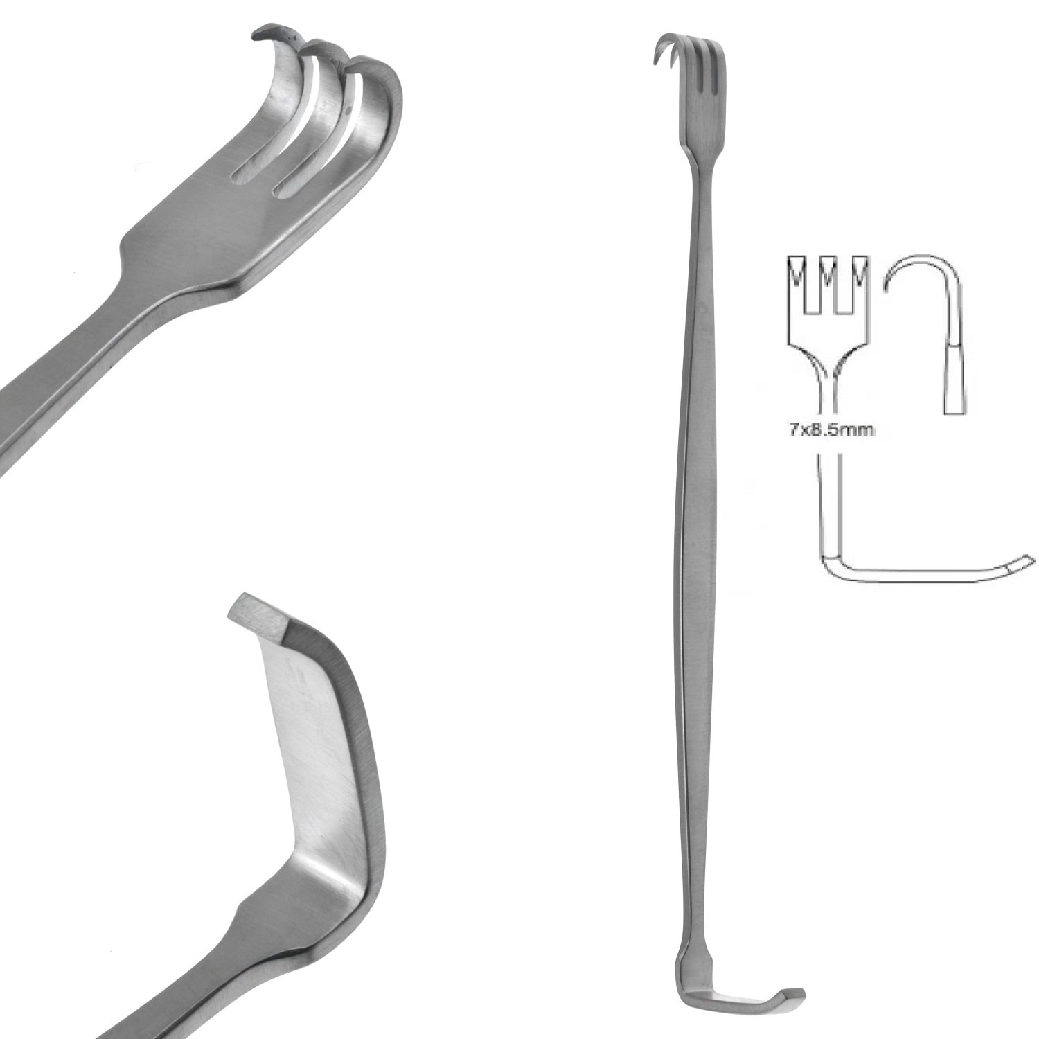 Senn Mueller (Kilner) Retractor, Double Ended, 3 Prongs, Sharp, 16cm