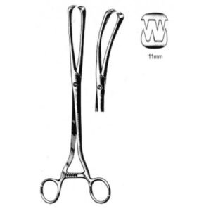 Museux Vulsellum Forceps, Curved, S/J (Serrated jaws), 3×3 Teeth, 11mm, 26cm