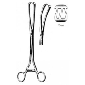 Museux Vulsellum Forceps, Curved, S/J (Serrated jaws), 3×3 Teeth, 13mm, 26cm